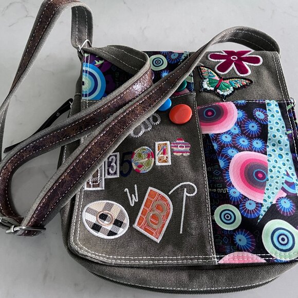 Zia Poppy Italy Canvas Crossbody Bag Multicolor Embroidered Boho Patchwork - Picture 9 of 14